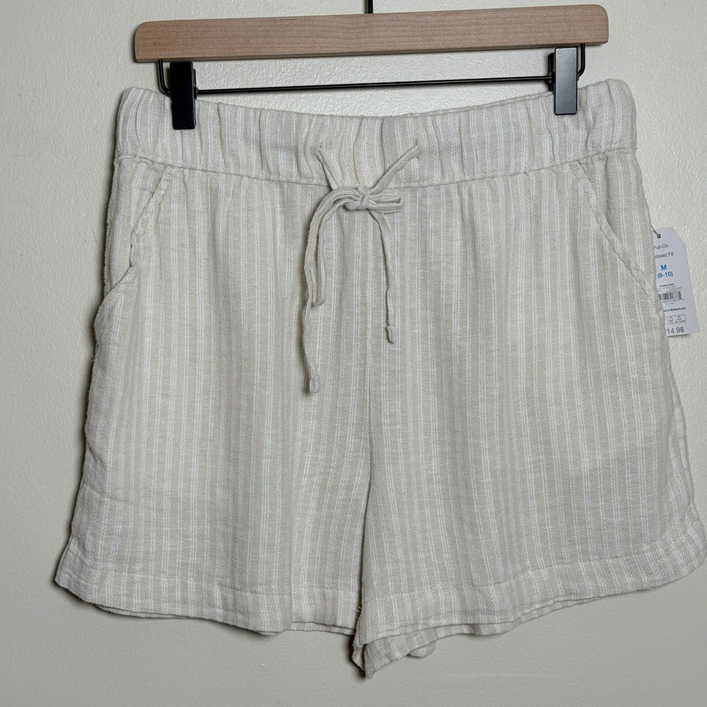 Time and Tru Women Linen Blend Shorts M Papyrus Beige Stripe Pull On Relaxed Fit